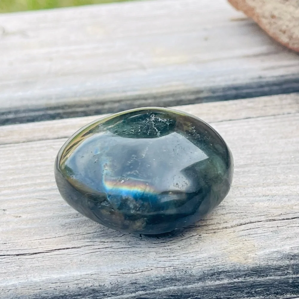 New Handmade Natural Labradorite Blue Green Crystal Oblong Carved Palm Stone